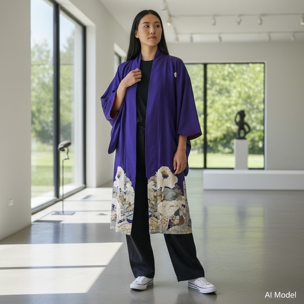 Handmade Kimono Robe Womens One Size Purple Silk Crane Landscape Traditional Art